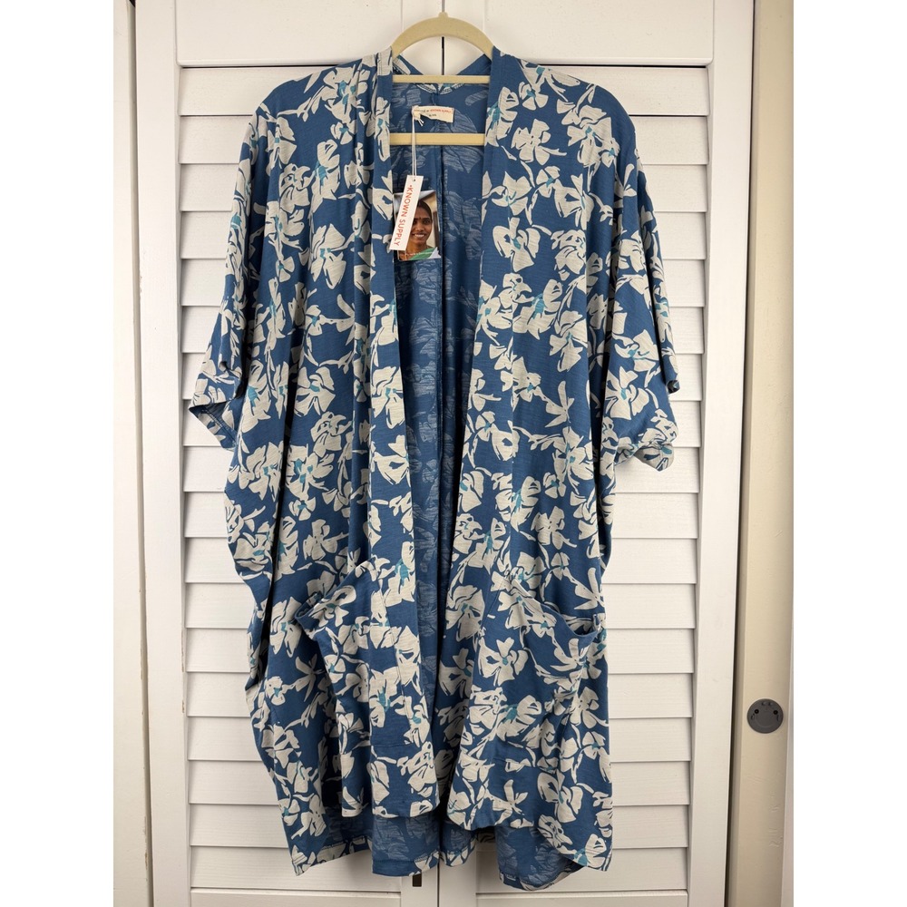 Known Supply Hawaii Cover Up XL/2XL Teal Floral Organic Cotton Kimono NEW